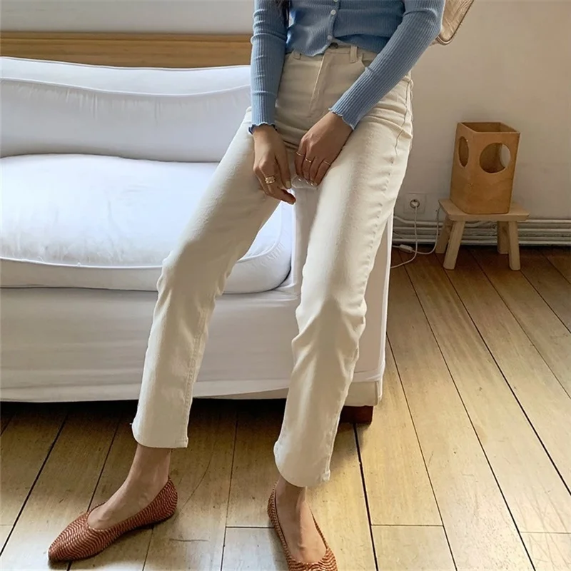 Slim Fit taille haute neuf Points jambe droite jean femmes été nouveau Sle Beige clair coton Stretch Denim taille haute Zippe...