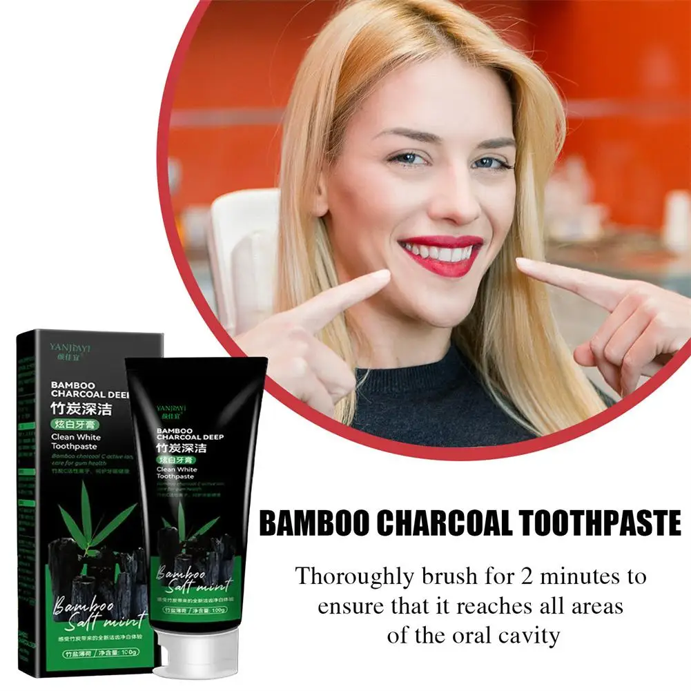 Pasta de dientes negra de carbón de bambú, Limpieza Profunda, sabor a menta, cuidado de la belleza, aliento, blanqueamiento de dientes, manchas, U8j6, envío directo, 100g