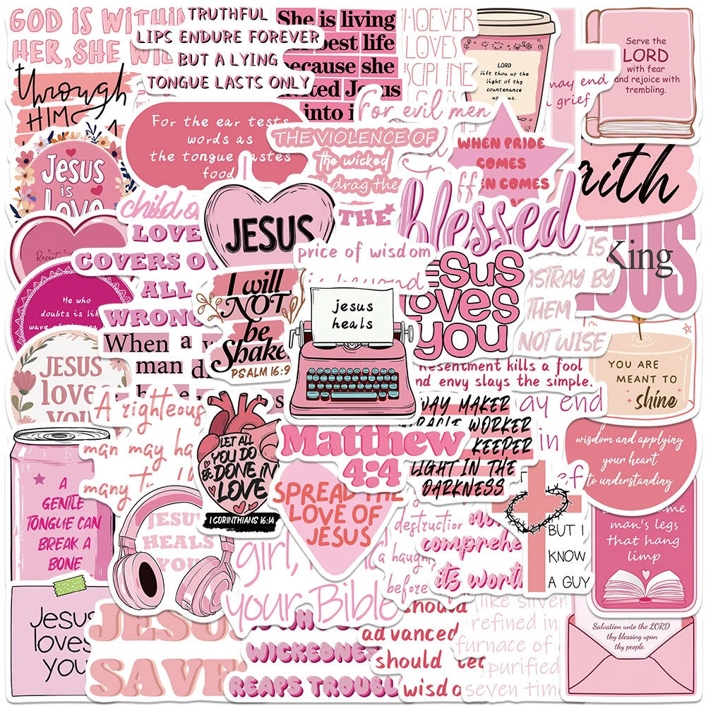

10/30/50pcs Cute Pink Bible Jesus Graffiti Stickers Christian Cartoon Decals DIY Notebook Water Bottle Phone Waterproof Sticker
