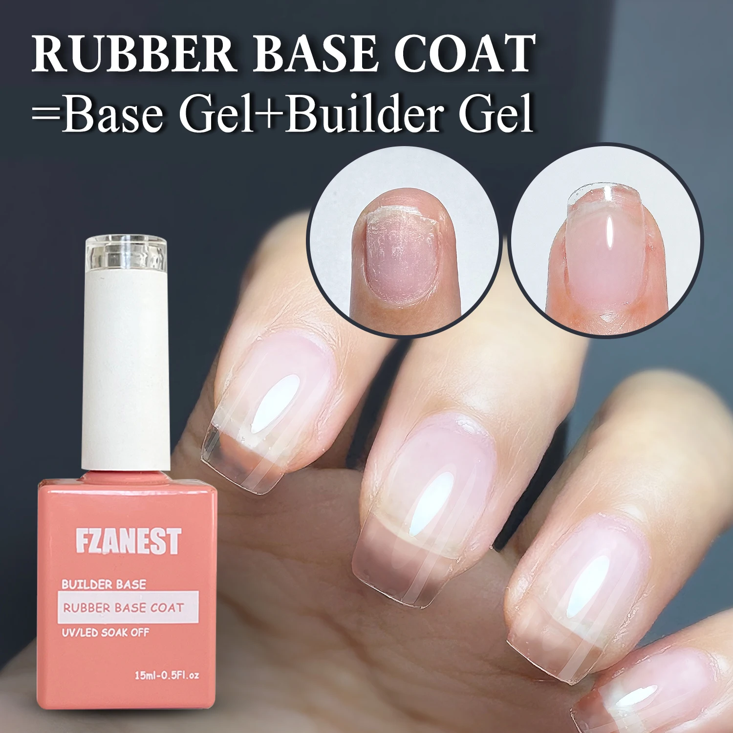 FZANEST UV Rubber Base Gel Nail Polish 15ML Clear Builder Rubber Base 2024 HEMA FREE Nail Strengthener Extension Gel in a Bottle