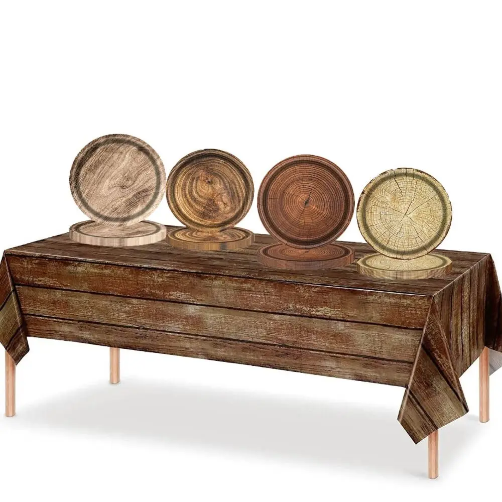 10pcs 7/9 Inch Imitation Wood Grain Disposable Plate Round Realistic Disposable Dish Vintage Paper Food Tray