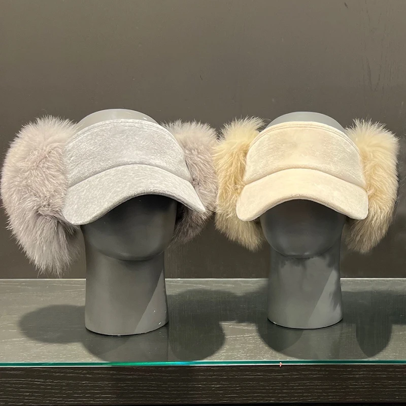

Women Winter Golf Hat New Fur Earmuffs Visor Korean Style Luxury Golf Clothing Empty Top Knit Hat Sports Tennis Cap