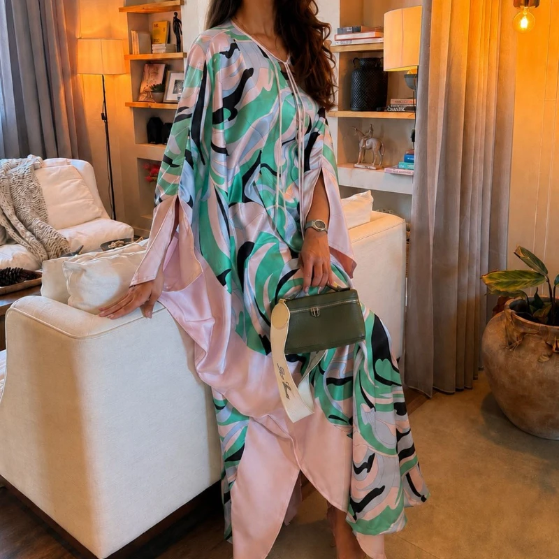 Vacation Autumn Women's Geometric Print Long Sleeved Maxi Dress Holiday Casual Loose Beach Evening Party Maxi Dresses Ladies