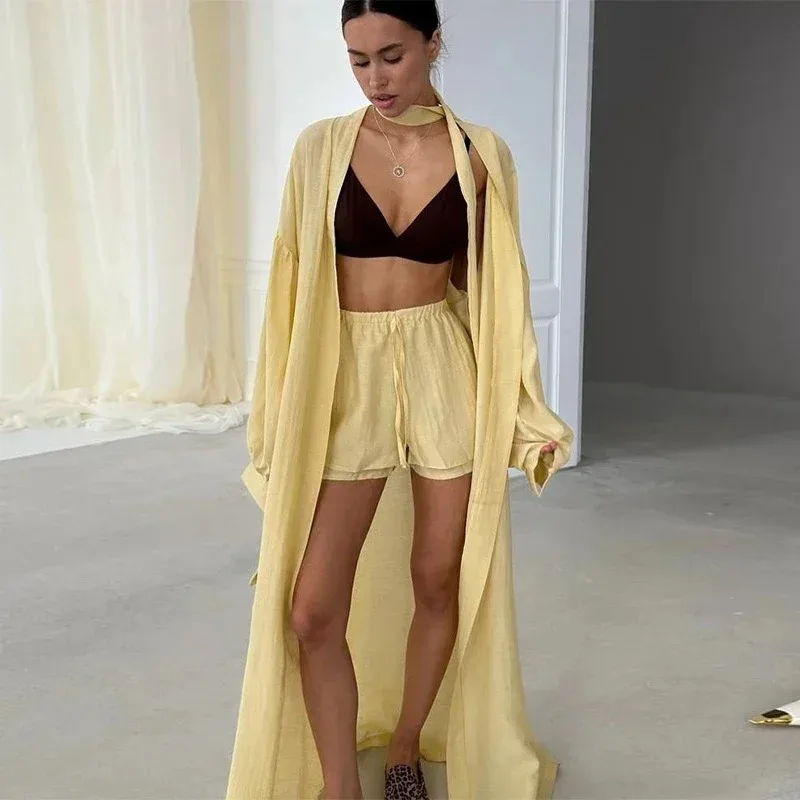 

Модный длинный кардиган, шорты, комплект, женские короткие штаны на шнуровке с воздушными шарами, однотонные комплекты, лето 2021, женские элегантные костюмы из 2 предметов