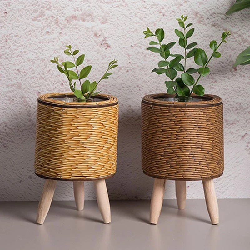 Vintage Imitation Rattan Woven Flower Shelf Planters Handmade Storage Basket with Removable Wooden Legs Plant Pot Stand Holder