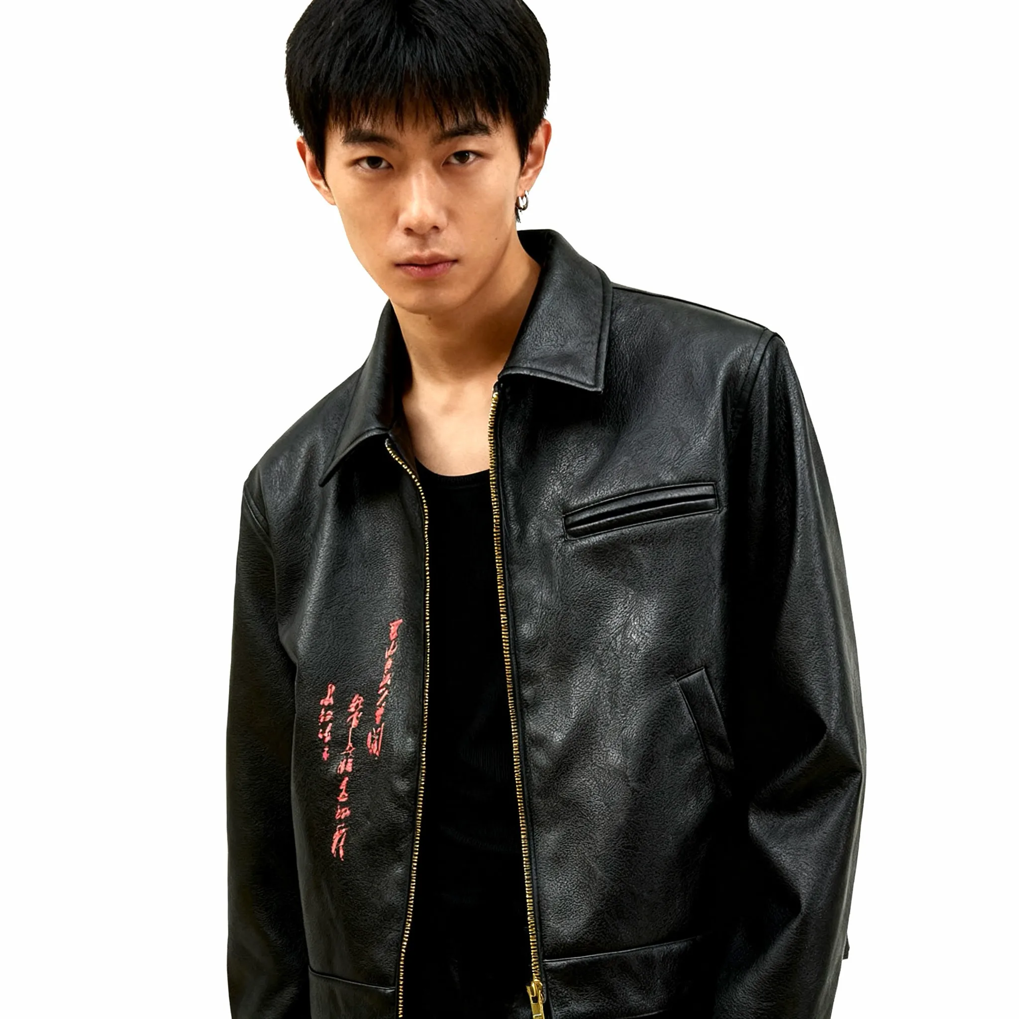 Mauroicardi Spring Autumn Short Black Printed Embroidered Pu Leather Jacket Men with Detachable Red Ribbon Zipper Cool Clothes 16 S354e817654da4f0e874cd1af6f2584bdA
