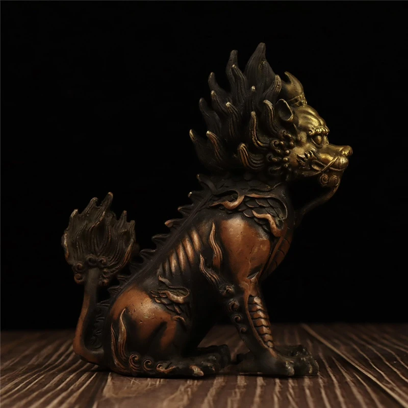 Sitting , Single-Horned Fire , Gold-Plated Brass, Red Copper Color Pixiu Ornament
