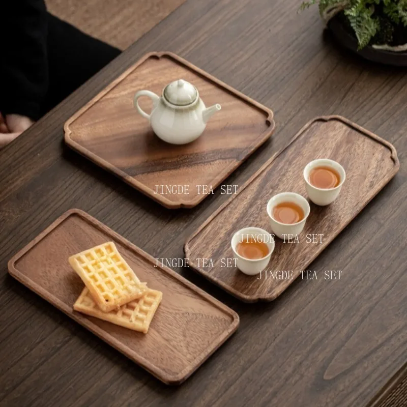 Multi Specification Walnut Wood Tea Plate Edge Groove Design Rectangular Square Solid Wood Tray Tea Cup Snack Pastry Tray