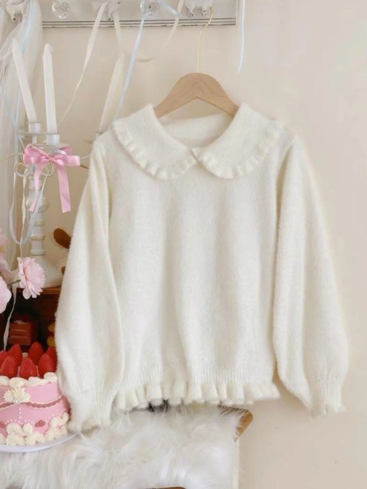 

Sweet Sle Long Sve Knitted Sweater with Doll Collar Soft Milk Color Floral Trim Women's College Sle Inner Wear Furry A...