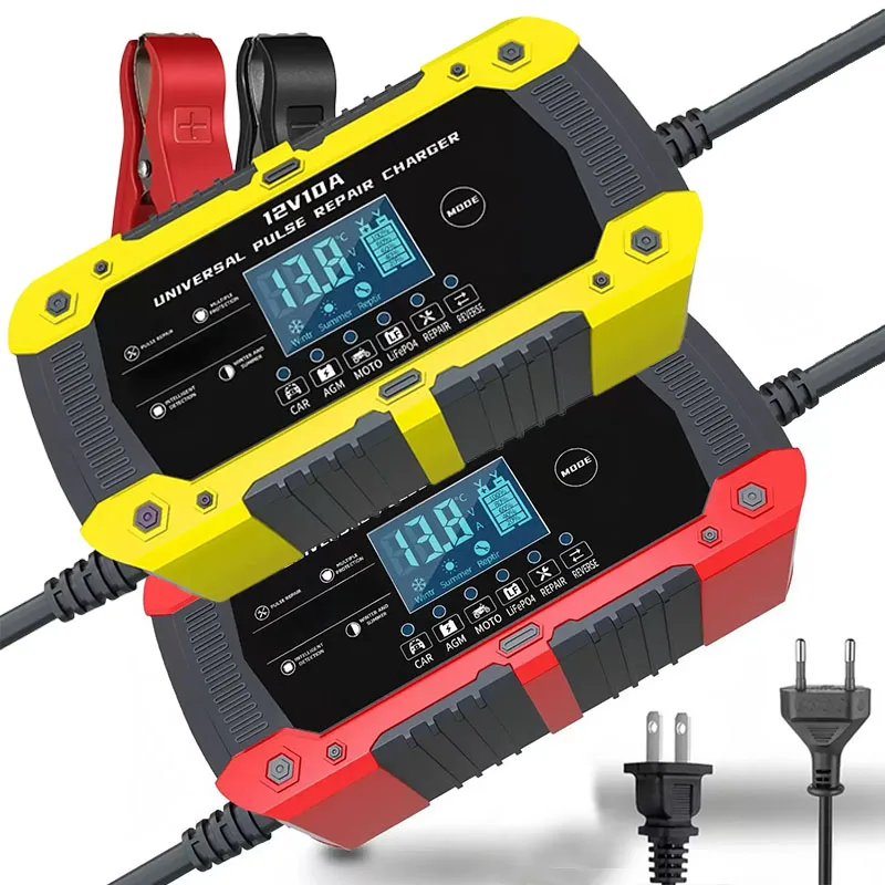 12V 10A Car Battery Charger EU US Plug Touch Screen Pulse Repair Digital LCD Display Smart Fast Charger for Car Motorcycle