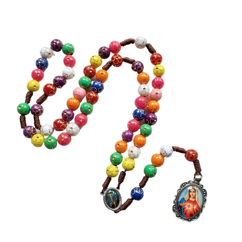 Catholic Rosary Chaplet Braided Retro Colorful Prayer Bead Chain Our Lady Virgin Mary Y-Necklace Jesus Christ Medal Jewelry Gift
