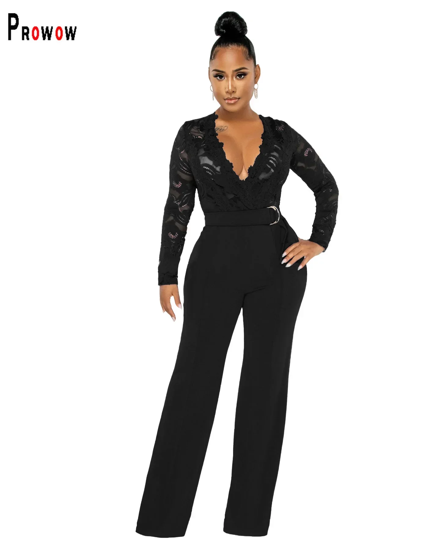 Prowow Sexy Women Jumpsuits Lace Flower Slim Fit One-piece Romper 2025 New Long Sleeve V-neck Female Streetwear Clothing