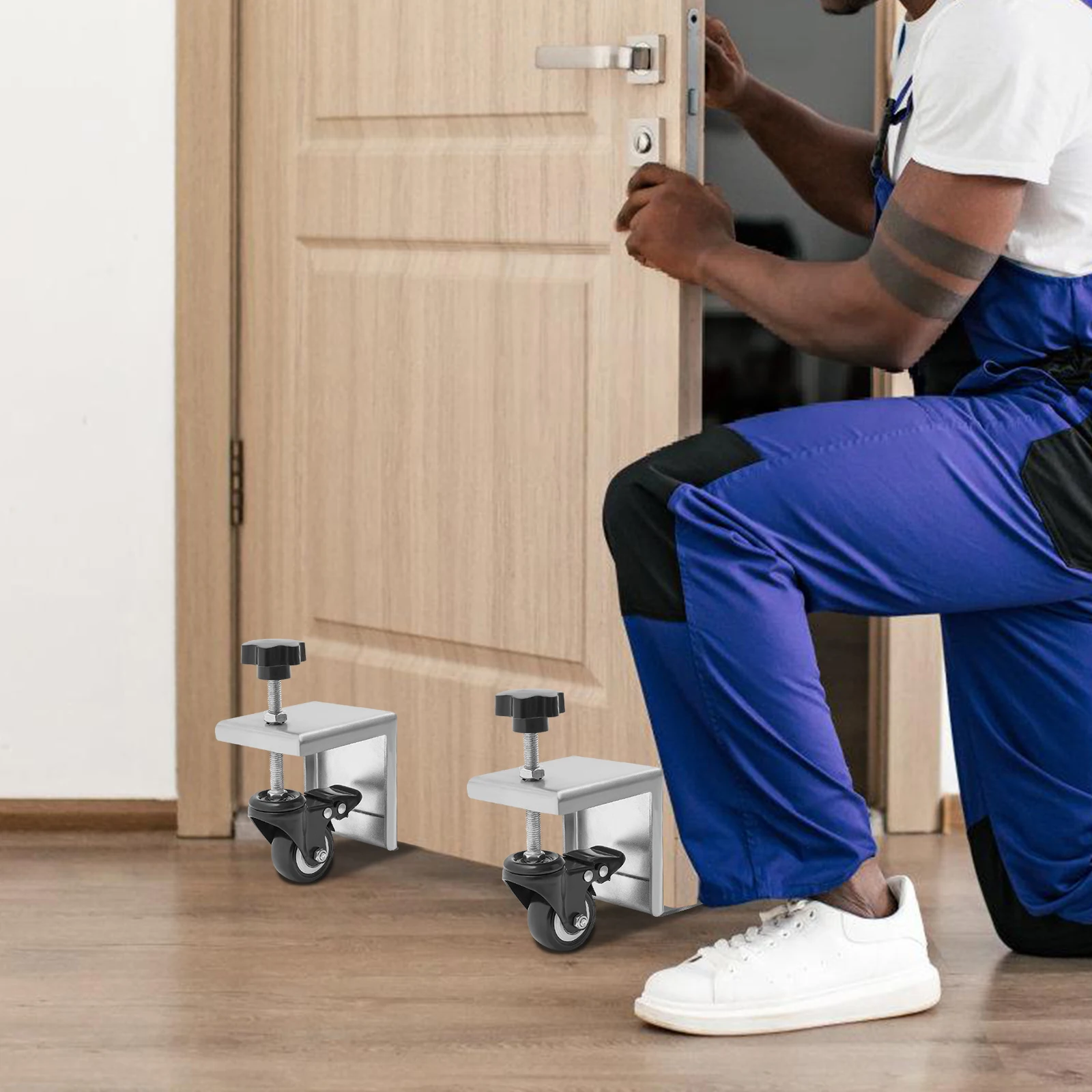 Набор инструментов для установки дверей, набор из 2 предметов, 360° °   Колеса с тормозами, для дверей толщиной 1,375-1,75 дюйма, 4 держателя давления