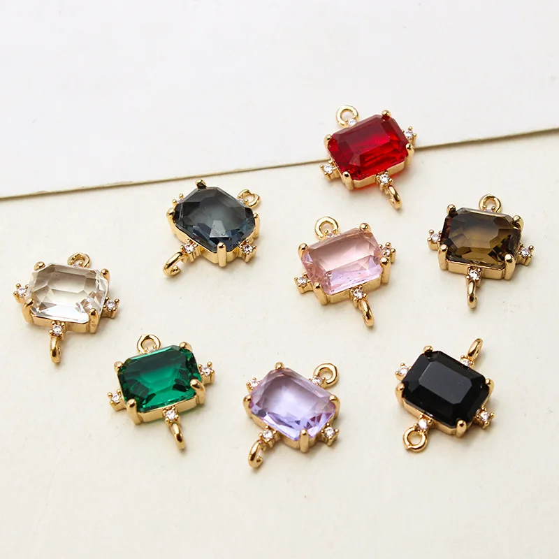 10pcs/ Bag Copper set zircon glass crystal side rectangular double pendant pendant DIY earring bracelet necklace accessories