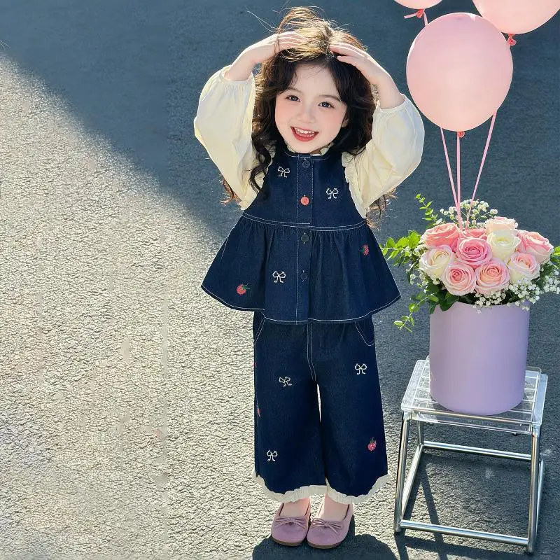 Girls' Spring and Autumn New Denim Vest Wide Leg Pants 3-Piece Set Girls Casual Long Sleeve Bottom Shirt Set Straight Leg Pants