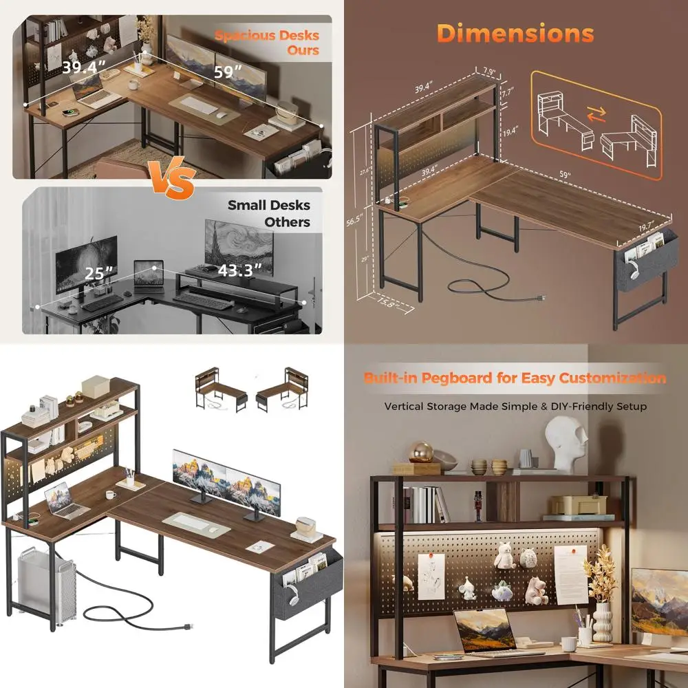 

Стол L-образной формы с перфорированной шкалой, угловой игровой стол, светодиодная подсветка, розетка, сумка для хранения, двусторонний, орех