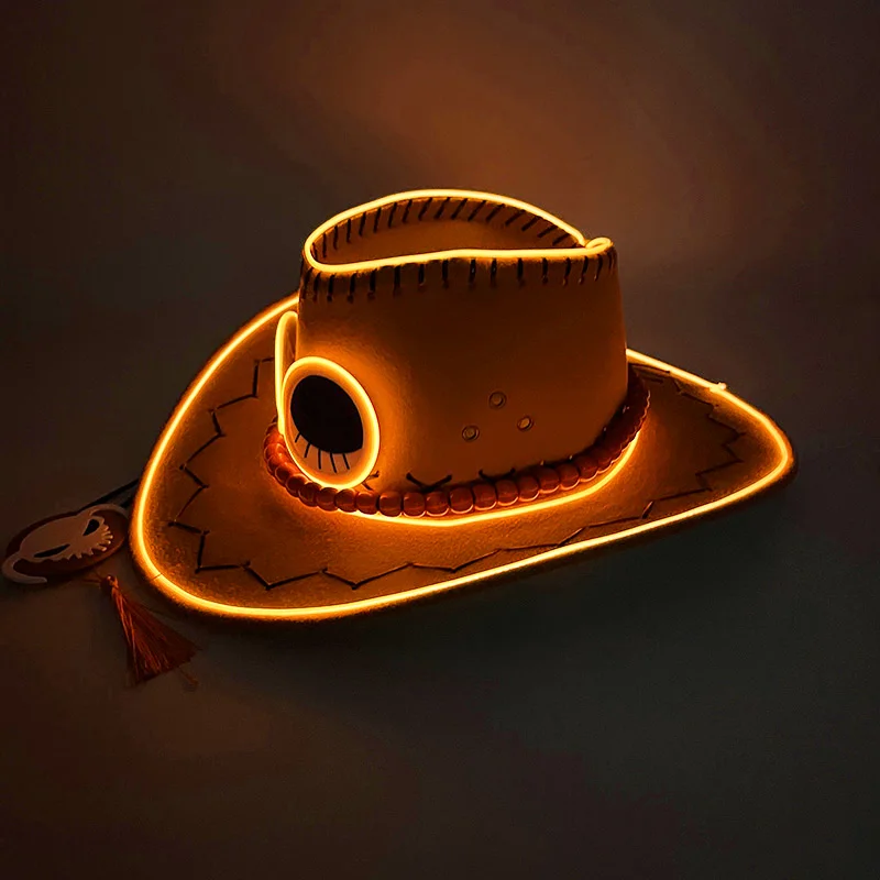 EL Neon Glow One Piece Fire Fist Ace Hat Pirates King Cosplay Party Hat Western Cowboy Hat Anime Jazz Hat Men Women