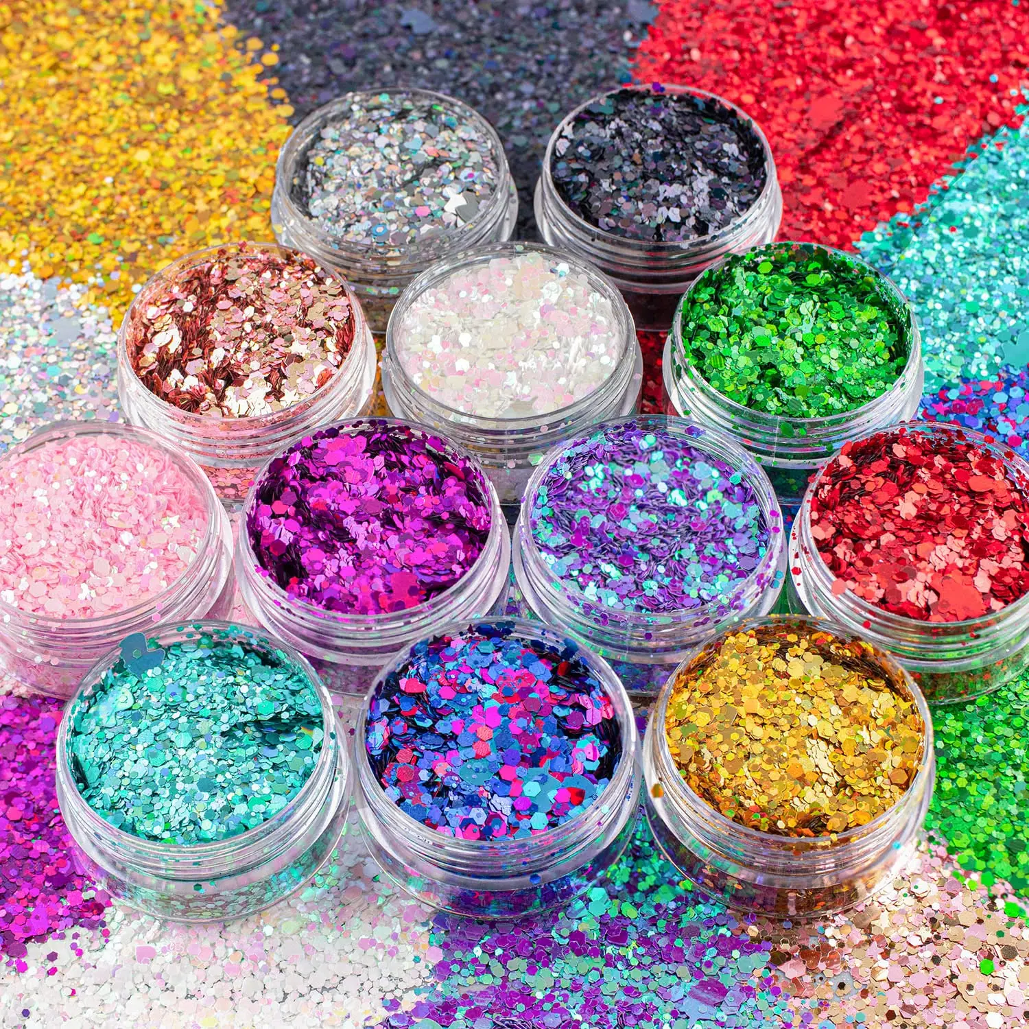 Holographic Chunky Glitter,No Glue Attached,Multi-Shaped for Body,Hair,Face,Eyes,Make-up,Nail Art,Party,Concert, Events, 5 Sets