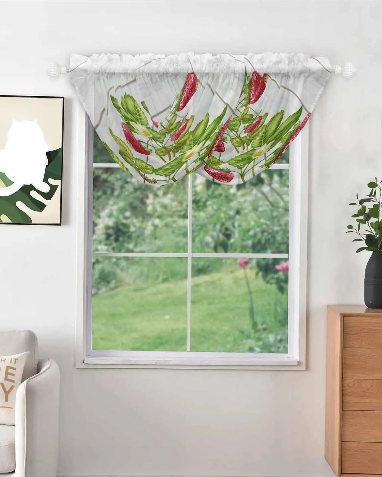 Plant Fruit Strawberry Wood Grain Sheer Tulle Curtains for Kitchen Bathroom Balcony Window Transparent Voile Drapery