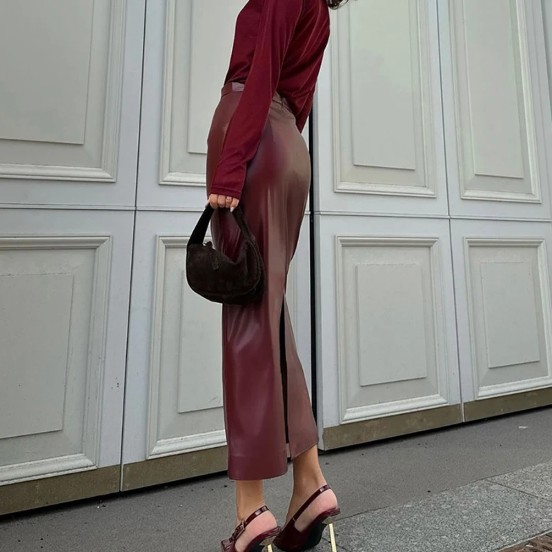 Street Style Wine Red PU Long Skirts Women Fashionable High Waist Women's Skirts 2026 Spring Ankle-Length Pencil Skirts Female