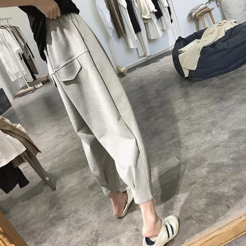 Spring Autumn New Fashion Women Elastic Waist Loose Ankle-length Pants All-matched Casual Solid Cotton Gray Harem Pants P74