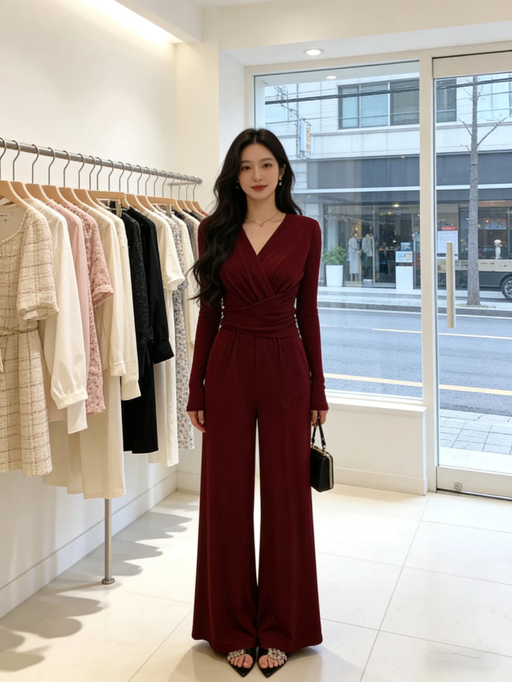 Ele Wine Red Pantalon une pièce pour femme V-Ne Pantalon long couché à la taille Plis asymétriques Faionable Commute Sle