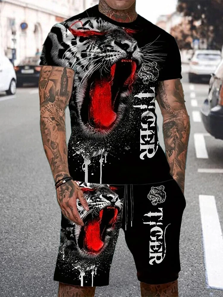 メンズライオンキングプリントTシャツとドローストリングショートセット、毎日のショーツ、クール、夏