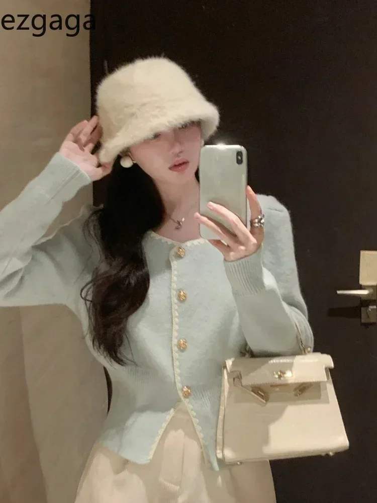 Ezgaga Elegant Knitted Cardigan Women Square Collar Long Sleeve Single Breasted Autumn Winter Outwear Sweater Female Chic