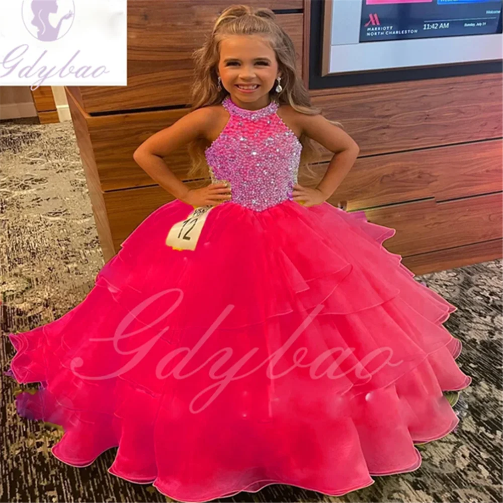 

Flower Girl Dress For Wedding Tulle Puffy Beaded Sleeveless Floor Length Princess Pageant Elegant Kids Birthday Ball Gown