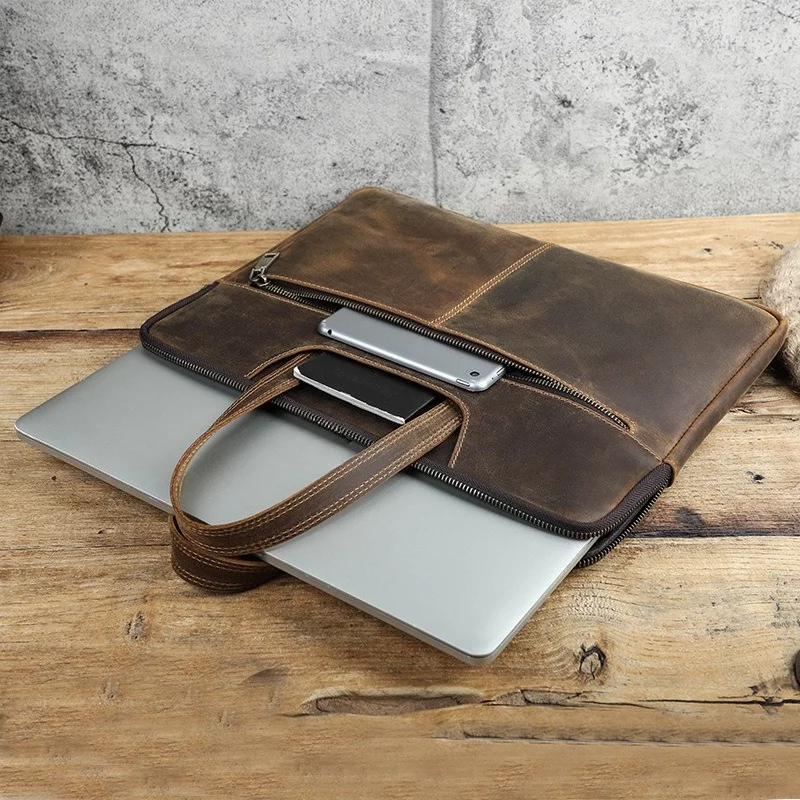 Vintage Crazy Horse Leather Laptop Sleeve Business Handheld Notebook Case Multi Pocket Protective Carrying Bag for Work Travel