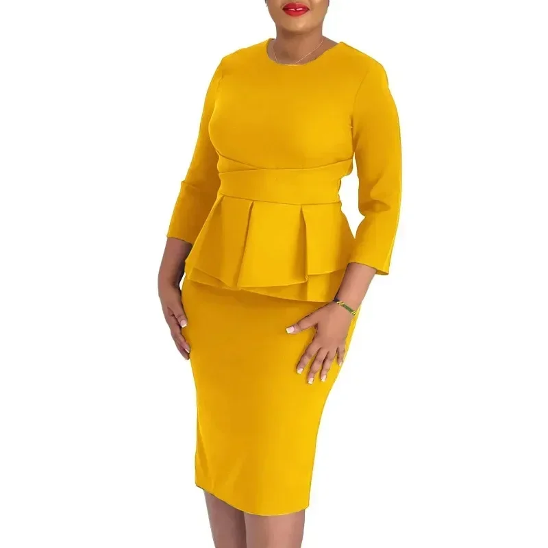 

2024 Elegant Dress Women for Wedding Party Africa 3/4 Sleeve Polyester O-neck Polyester Midi Dress Outfits Africa Clothing S-3XL