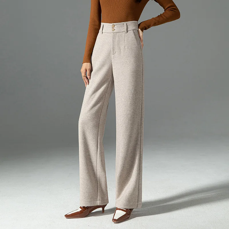 Women's Straight Leg Woolen Pants Thicken Warm Winter Autumn Office Lady Cotton Wool Long Trousers Plus Size