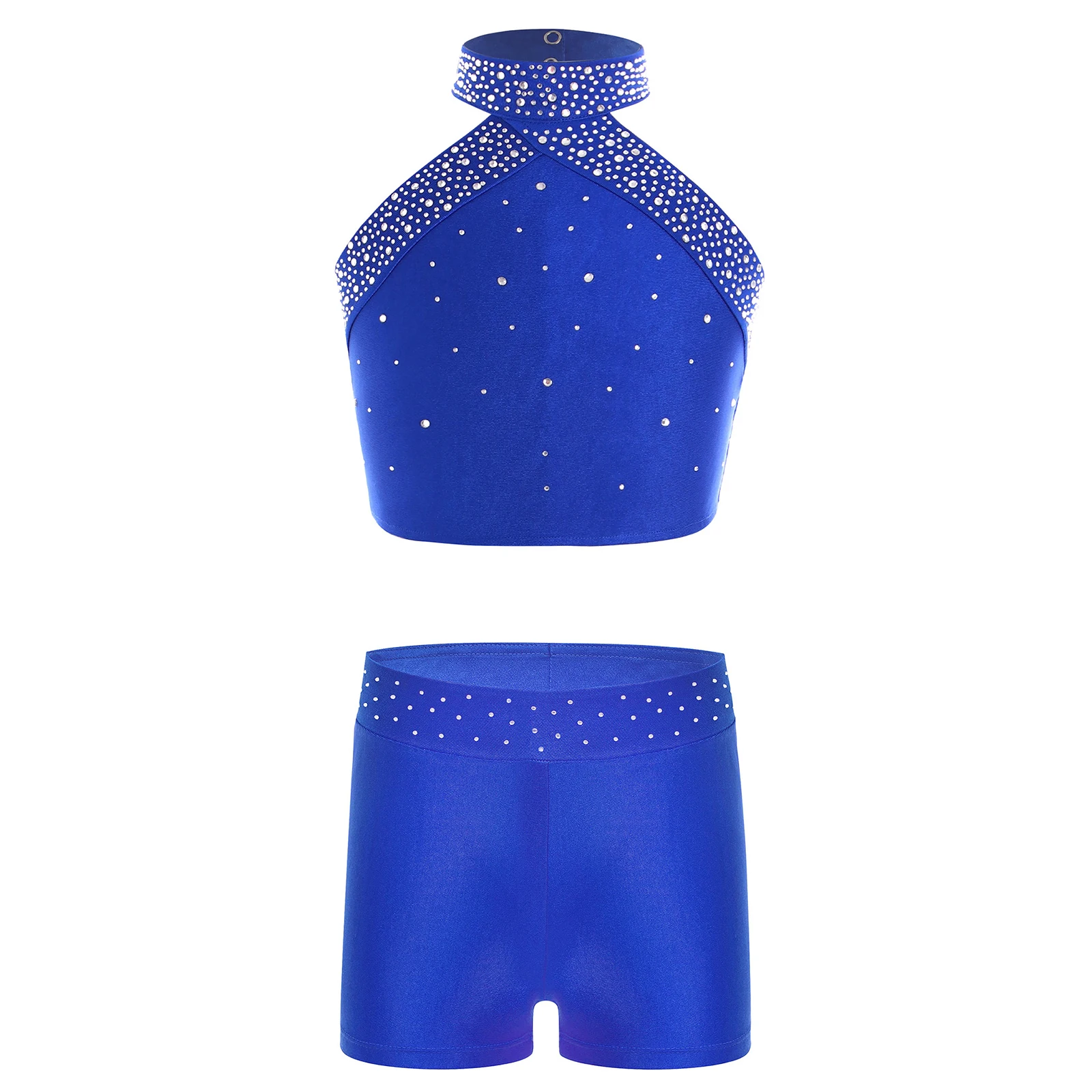 Kids Girls Ballet Dance Outfit Figure Skating Dress Halter Neck Tanks Shiny Rhinestones Shorts Children Gymnastics Dancewear Set