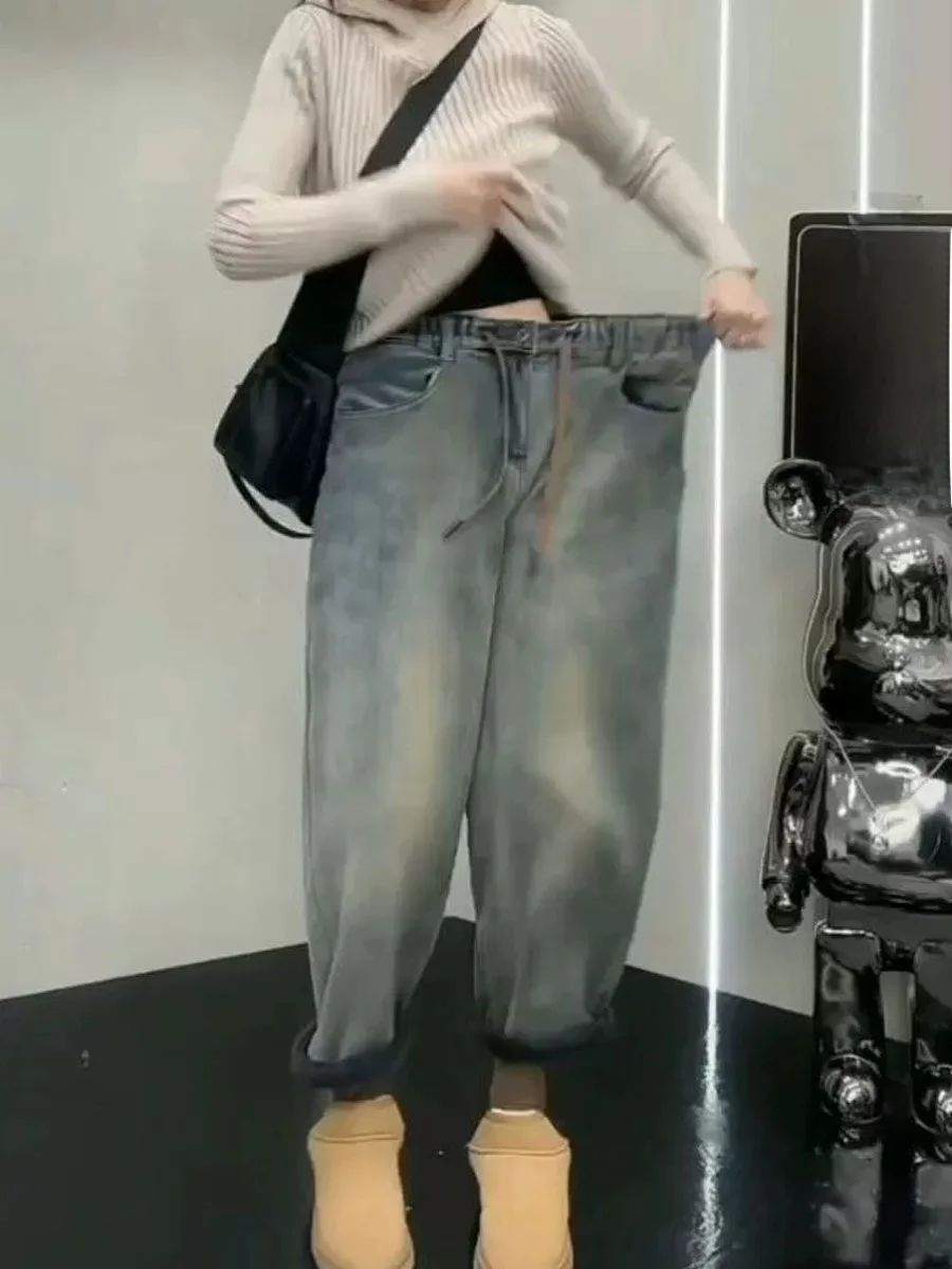 

plus Size Women's High Waist Fleece Lined Carrot Jeans Casual Harajuku Style Loose Fit Autumn Winter Denim Pants