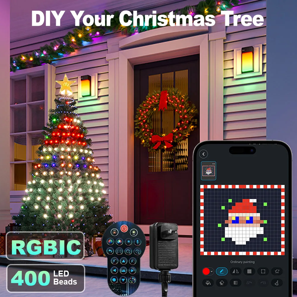 ضوء شجرة عيد الميلاد الذكي بطول 1.8 متر/5.9 قدم، تطبيق وجهاز تحكم عن بعد، مزامنة موسيقى 400 مصباح LED، نمط DIY، مقاوم للماء، مؤقت، لديكور عيد الميلاد