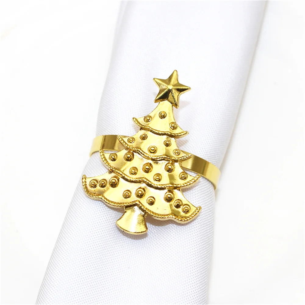 6Pcs Gold Christmas Napkin Rings Set Xmas Tree Crystal Snowflake Elk Napkin Holder for Christmas Wedding Party Dinner Table Deco