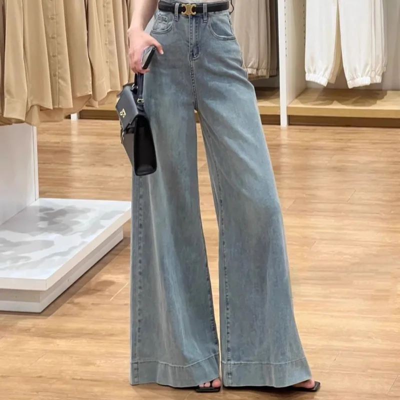 Jean délavé Vintage pour femme, pantalon taille haute, jambes larges, drapé, ample, longueur au sol, nouvelle collection automne