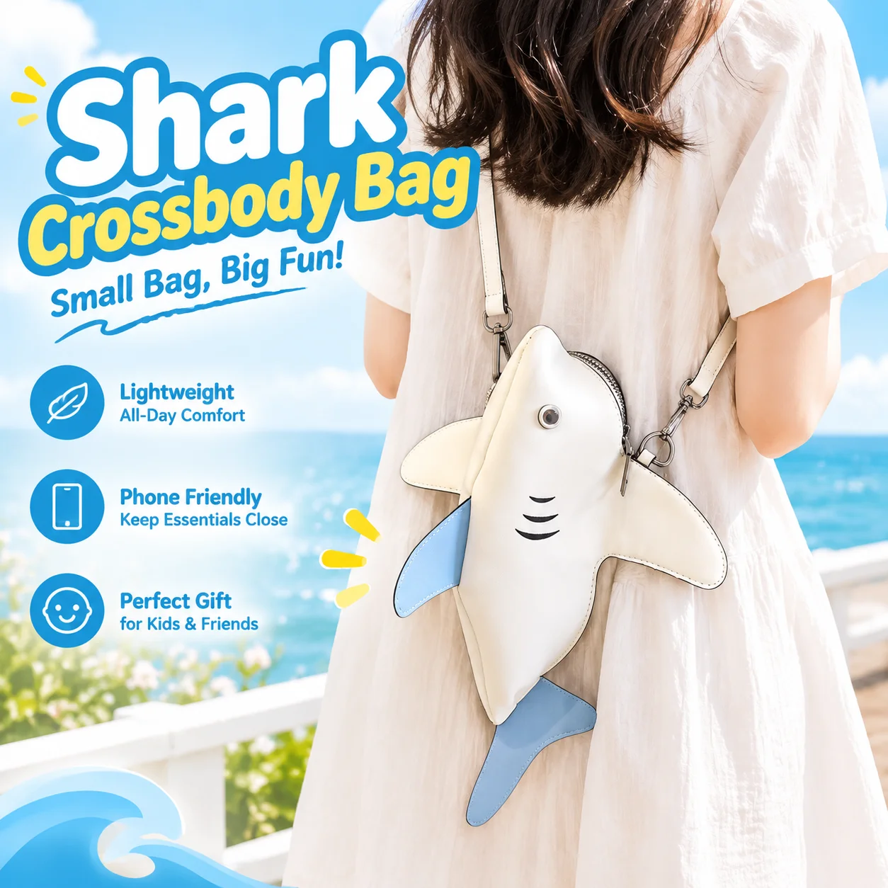 Cute Cartoon Shark Shape Crossbody Fanny Pack for Women Lightweight Phone Pouch Funny Summer Gift for Kids Daily Use