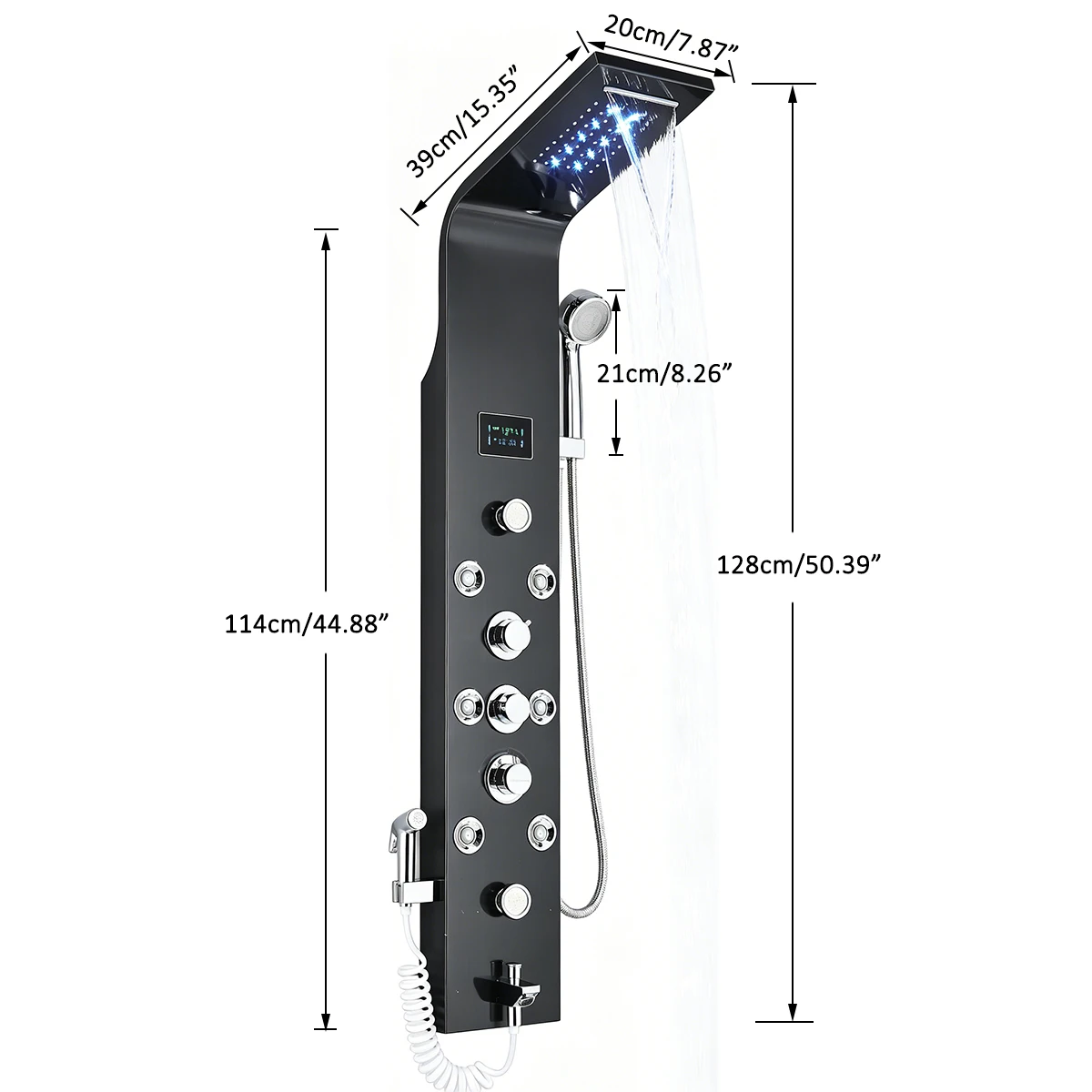 Black Nickel LED Shower Panel Six Functions Shower Column Rain Waterfall Shower Massage Spa Jets Tub Shower With Bidet Bath Taps