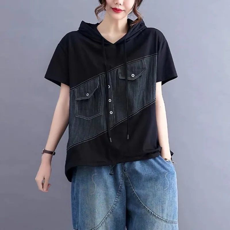 Summer New Women Solid Color Korean Commute Button Short Sleeve T-shirt Irregular Spliced Hooded Drawstring Hoodies Casual Tops