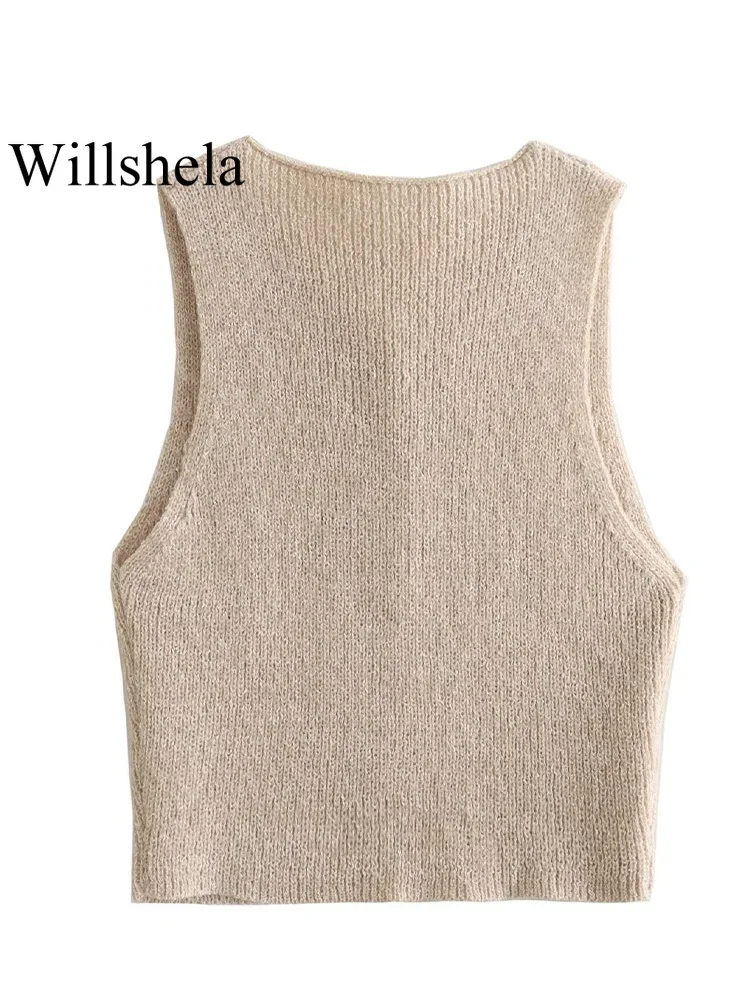 Willshela Women Fashion Beige Single Breasted Knitted Vest Tank Tops Vintage V-Neck Sleeveless Female Chic Lady Top