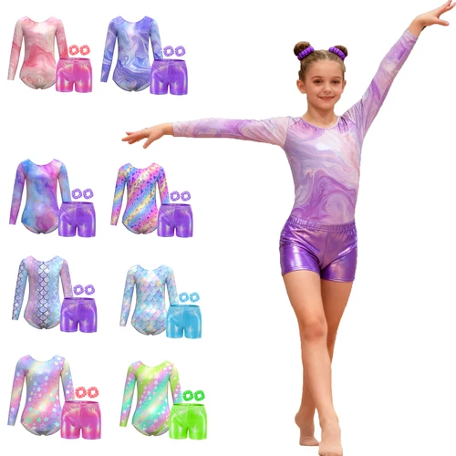 Leotardo de gimnasia para niñas, Biketard de manga larga, gimnasia atlética, Unitard, ropa deportiva para niños