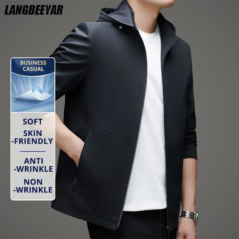 

High End Anti Wrinkle Outdoor Detachable Cap Mature Men Business Casual Hooded Blazer Jacket Autumn Windbreaker Executive Coats