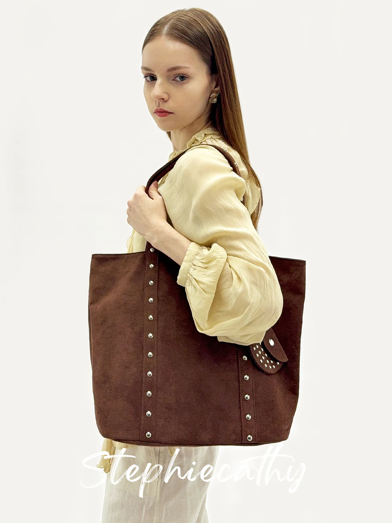 Women's Designer Faux Suede Fabric Tote Zipper Closure Luxury Rivets Decoration Large Capacity Laptop Shoulder Handbag Commute