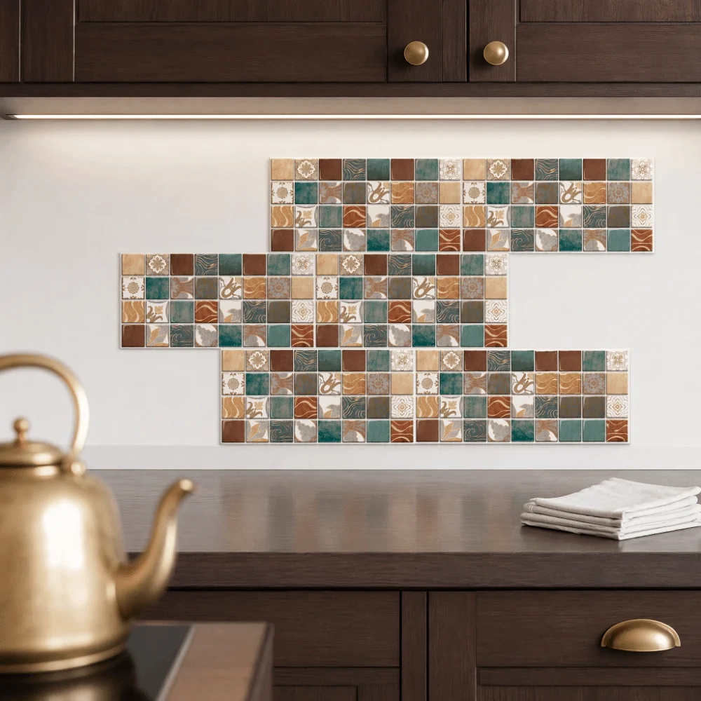 6 Pieces PVC Material Kitchen Backsplash Wallpaper 5.9x11.8in Brown Bathroom Backsplash Sticker Waterproof Oil Resistant