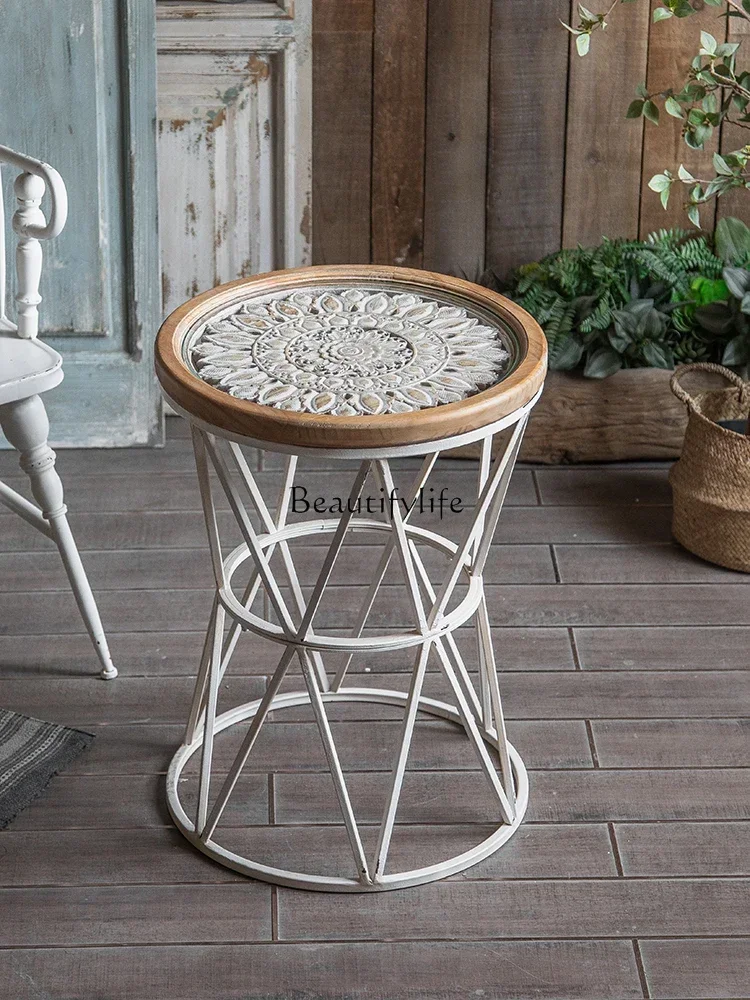 

Retro American glass coffee table small apartment living room household engraving round wrought iron solid wood edge table