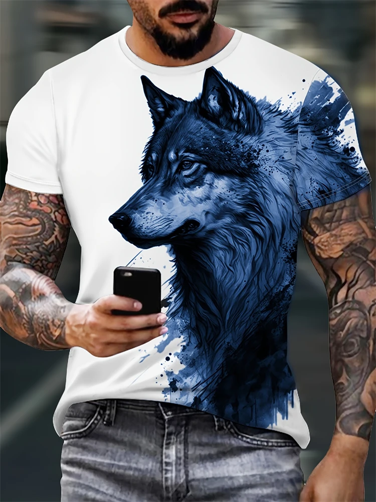 Men's Crew Neck Short Sleeve T-shirt Fashion Personality Lone Wolf Print Daily Outdoor Comfortable Breathable Men's Short Sleeve