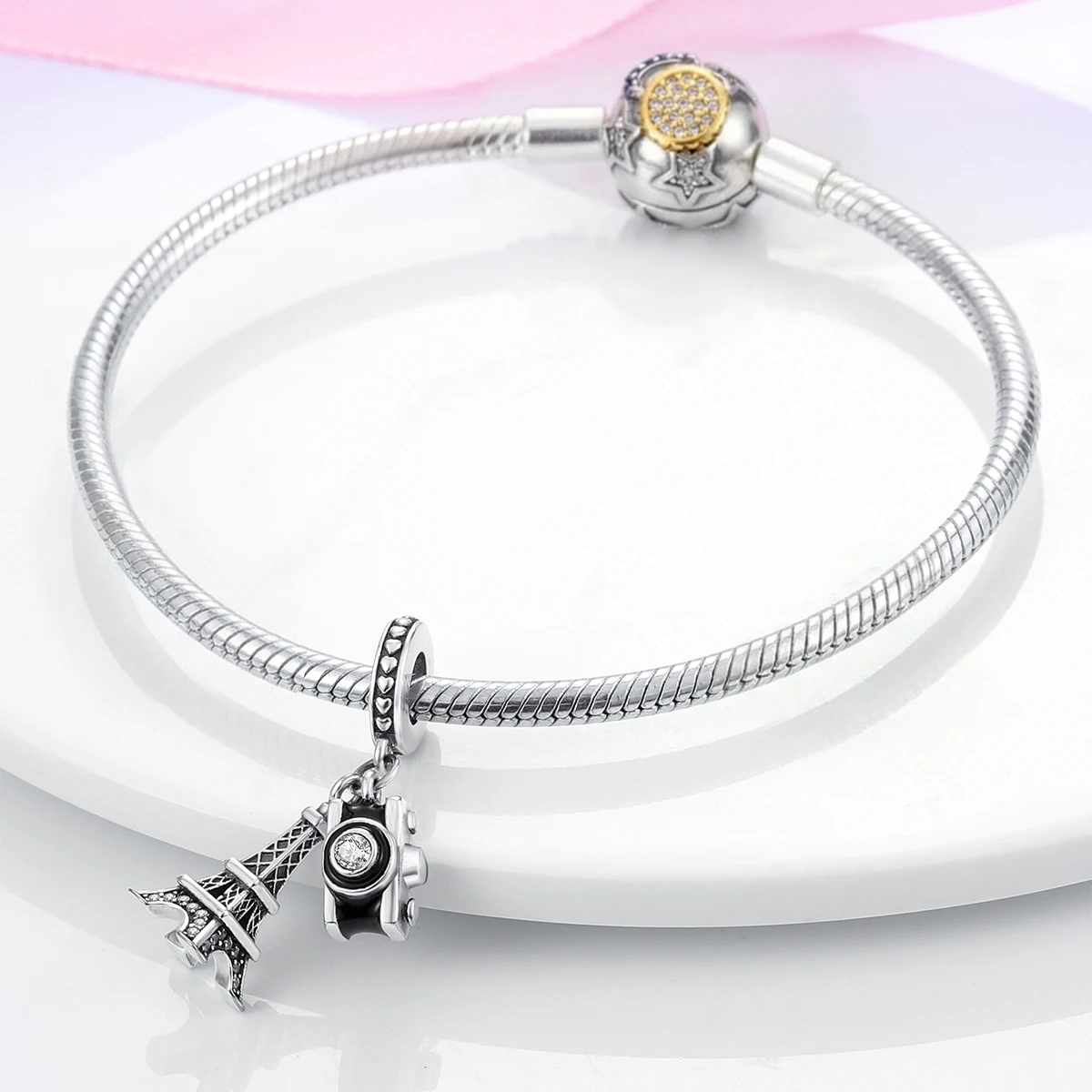 925 Sterling Silver Eiffel Tower Camera Double Dangle Charm Fit Bracelets Paris Travel Pave CZ Bead for Women DIY Jewelry Making