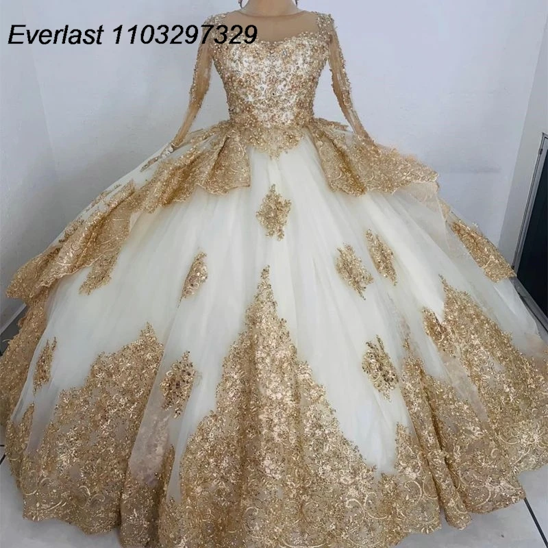 

EVLAST Sparkly Quinceanera Dress Ball Gown Shiny Gold Lace Applique Beading Long Sleeve Sweet 16 Vestidos De XV 15 Anos TQD690