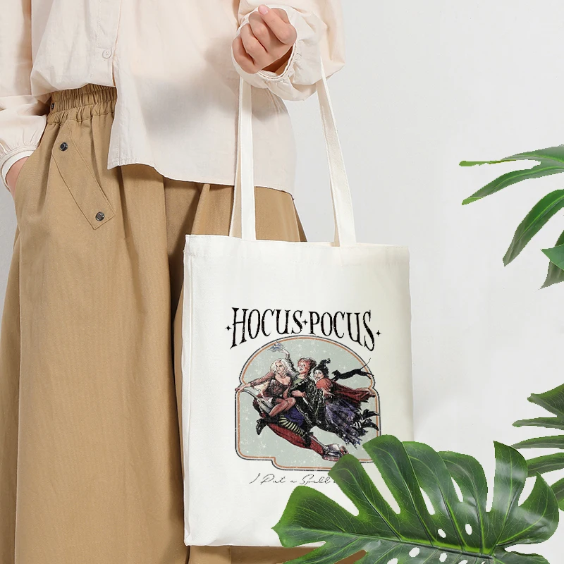 Hocus Pocus Canvas Women Shopping Bag Portable Shoulder Bag Trendy Large Capacity Tote Bag for Daily Life Back to School Gifts